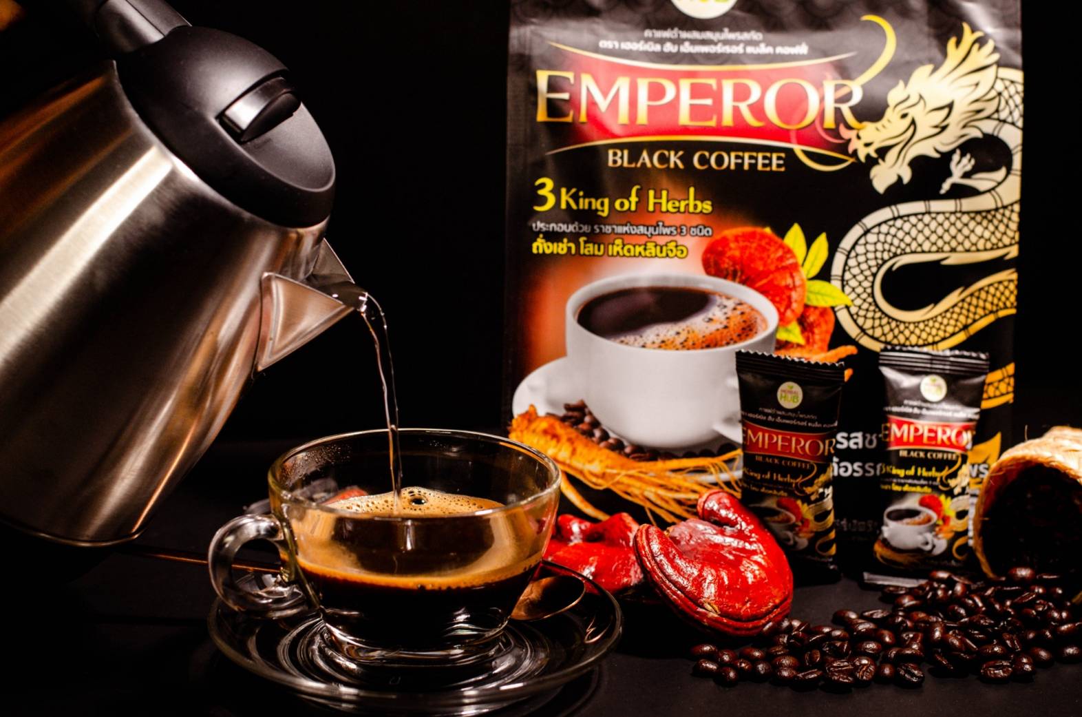 PRODUCT Herbal Hub กาแฟดำสมุนไพรสกัด โสม ถั่งเช่า หลินจือ บจก.เฮอร์เ